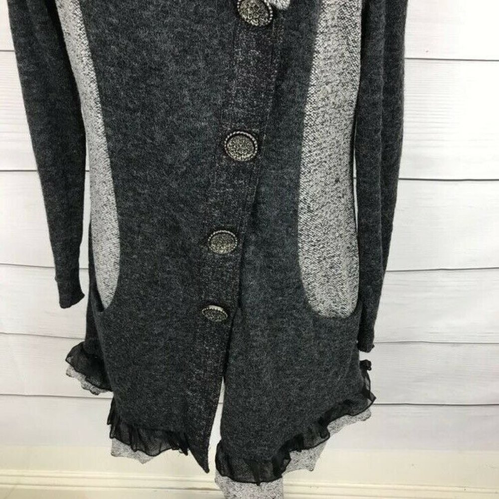 The Pyramid Collection Collared Ruffle Knit Jacket M Asymmetrical Duster Gray - Picture 3 of 10